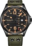 Stuhrling Original Mens Leather Watch -Aviation Watch, Quick-Set Day-Date Leather Band with Steel Rivets,
