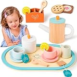 KMUYSL Wooden Toys for Kids, Wood Tea Set Pretend Toys for Little Girls, Tea Party Set Kids Kitchen Accessories Toy, Christmas Birthday Easter Gift for Toddlers Boys Girls 3 4 5 6 Years Old