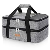 LUNCIA Double Decker Insulated Casserole Carrier for Hot or Cold Food, Lasagna Holder Tote for Potluck Parties/Picnic/Cookouts, Fits 9'x13' Baking Dish, Grey