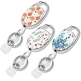 3 Pack Badge Reels Retractable Double-Sided Color Printing Pattern Retractable Badge Holder with Carabiner Belt Clip Keychain