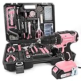 COMOWARE COMOWARE 120 Pcs Home Tool Kit with Drill, 20V Pink Drill Set for Women, Power Tool Combo Kits with 2.0 Ah Li-ion Battery & Charger, 25+1 Clutch, Tool Sets for Women