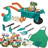 Qtioucp 16Pcs Kids Gardening Tools Outdoor Toys Set Backyard Play with Wheelbarrow, Apron, Watering Can and More Educational STEM Learning Pretend Toys Outdoor Indoor for Toddlers Kids Boys Girls