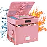 DocSafe File Box with Lock,Multi-Layer Fireproof Document Box Collapsible File Storage Organizer with Pockets/Handle,Large Portable Home Office Filing Box for Hanging Letter/Legal Size Folders,Pink