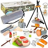 HELLOWOOD Wooden Camping Toys Set for Kids, 45 pcs Camping Gears and Grill Bonfire Toys with Play Food & Storage Bag, Indoor Outdoor Pretend Play Set Gift for Boys Girls Age 3+