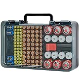 Battery Organizer Storage Case with Tester Checker. Batteries Box Holder Carrying Container with Wall-Mounted Design for 110+ AA AAA 9V C D Lithium CR2025 CR1632 CR2032 18650 Coin Cell Battery -Black