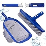 POOLAZA Ultra Fine Mesh Pool Skimmer Net & Pool Brush with Pole, Fine Mesh Pool Net Skimmer & Sturdy Pool Brushes for Cleaning Pool Walls with Pole, Pool Cleaning Kit for Above Ground Pool