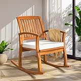 IDZO Wooden Rocking Chair 500lbs Capacity with Water-Resistant, Inclined Slat Backrest, Sturdy Design for Balcony, Porch, Backyard, Patio, Beige-1 Cushion