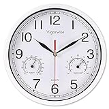 Vigorwise 8 Inch White Wall Clock, Sweep Silent Movement Accurate Clocks with Temperature & Humidity, Decorative for Kitchen/Living Room/Bedroom/Office/School/Classroom