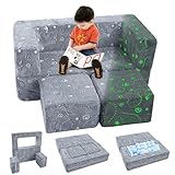 MeMoreCool Kids Sofa Couch, Glow in The Dark Baby Modular Dinosaur Couch, Convertible Toddler Fold Out Play Couch Furniture for Small Playroom, Grey