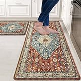 Collive Boho Kitchen Mat 2PCS Cushioned Kitchen Mats for Floor, Anti-Fatigue Mat Waterproof Kitchen Rug Set of 2 Non-Skid Comfort Standing Mat for Kitchen, Office, Sink, Laundry, 17'x30'+17'x47'