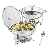 VEVOR Chafing Dish Buffet Set, 4 Qt 2 Pack, Stainless Steel Chafer w/ 2 Full Size Pans, Round Catering Warmer Server w/Vented Glass Lid Water Pan Stand Fuel Holder Hook Spoon, at Least 4 People Each