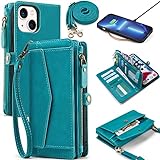 DKDKSIP for iPhone 14 Wallet Case for Women, Support Wireless Charging with RFID Blocking Card Holder, Leather Zipper 2 in 1 Detachable Magnetic Phone Case with Crossbody Strap Wristlet, Classic Blue
