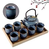 DUJUST Japanese Tea Set for 6, Kiln Altered Glaze Porcelain Tea Set with 1 Teapot, 6 Tea Cups & 1 Tea Tray, Unique Chinese Tea Set for Adults/Tea Lovers/Women/Men, Blue