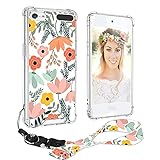 KANGHAR Designed for iPod Touch 5 6 7 Case Pink Floral with Lanyard Neck Strap for Women Girls Protective Shockproof Heavy Duty Orange Flower Pattern MP3 Player Bumper Cover for iPod Touch 5/6/7th