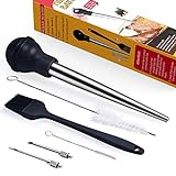 MEWMET Turkey Baster, Stainless Steel Baster for Cooking with Marinade Injectors Syringe, Basting Brush, Thick Cleaning Brush & Thin Cleaning Brush