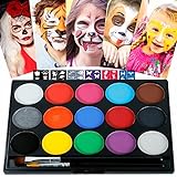 Face Paint Kit for Kids with 60Stencils 15Colors&2Brushes Water Based Face Paint Halloween Clown Cosplay Makeup Palette, Professional Body Paint for Kids&Adult Festival Birthday Party