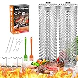 Grill Basket - Outdoor Rolling BBQ Basket - 2 Pcs Stainless Steel Grill Mesh, Rolling Grill Baskets for Outdoor Grill, Portable Grill Nets Cylinder - Camping Picnic Cookware for Meat Barbecue