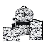 RALME Grey Gaming Camo Backpack Set for Boys & Girls, 16 inch, 6 Pieces - Includes Foldable Lunch Bag, Water Bottle, Key Chain, & Pencil Case