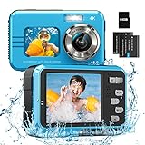 4K Waterproof Camera Underwater Camera 64GB Card Included in the Adapter Dual Screens Selfie 48MP 16X Digital Zoom Digital Camera Fill Light 11FT Underwater Camera for Snorkeling Kids with 2 Batteries