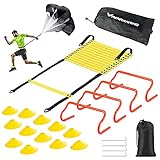 RENRANRING Agility Ladder Speed Training Equipment Set - Includes 20ft Agility Ladder, Resistance Parachute, 4 Agility Hurdles, 12 Disc Cones for Training Football Soccer Basketball Athletes