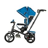 Evezo 302A 4-in-1 Parent Push Tricycle for Kids, Stroller Trike Convertible, Swivel Seat, Reclining Seat, 5-Point Safety Harness, Full Canopy, LED Headlight, Storage Bin (Ocean Blue)