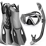 WONDSY Mask Fin Snorkel Set, Snorkeling Gear for Adults with Panoramic View Mask, Dry Top Snorkel, Adjustable Swim Fins and Travel Bag, Man Woman Snorkel Gear for Swimming Snorkeling Diving