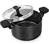 MICHELANGELO Pasta Pot with Strainer Lid, 6 Quart Stock Pot with Twist and Lock Handles, Nonstick Soup Pot with Granite Coating, Spaghetti Pot Induction Compatible, Black
