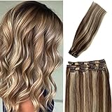 Remy Clip in Hair Extensions Blonde with Brown Balayage Clip ins Extensions Human Hair Silky Straight 15 Inch Short Clip on Extension Blonde Highlights on Brown Hair 70Gram(#4/613)