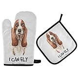 Oven Mitts Pot Holders Sets - Basset Hound Dog Watercolor Oven Gloves Hot Pads Non-Slip Potholders for Kitchen Cooking Baking Grilling