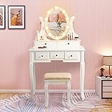 Vanity Table Set with Lighted Mirror, Makeup Dressing Table and Cushioned Stool Set with 5 Large Drawers for Women Girls (White)