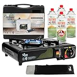 JoChef Butane Camping Stove with 4 Butane included - Portable Gas Stove - Ideal for Camping/Road Trips, Outdoor camp Stove Includes Windshield, CSA Certified, Brass Burner Fast Heat Up Time