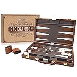 AMEROUS Backgammon Set, 15 Inches Classic Board Game with Leather Case, Folding Board, Gift Package, Portable Travel Strategy Backgammon Game Set for Adults, Kids (Medium, Brown)