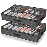 2 Pack Under Bed Shoe Storage Organizer for Closet, Fits Total 32 Pairs Foldable Underbed Shoes Containers Boxes Under the Bed Storage Bedding with Sturdy Handles&Clear Window for College Dorms, Grey