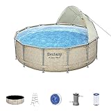 Bestway Power Steel 13' x 42' Round Above Ground Outdoor Swimming Pool Set with Shaded Canopy, 530 Gallon Filter Pump, Ladder, and Pool Cover