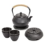 Cast Iron Tea Kettle for Stovetop - Japanese Tea Set with Warmer, Trivet, Infuser and 4 Teacups, Hobnail Design (40 oz, Black, 6 Pieces)