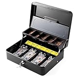 WOT I Steel Cash Box with Money Tray with Key Lock, 11.8'L x 9.5'W Cash Lock Box with Tray Cover / 5 Coin Trays / 4 Bill Slots / 2 Keys (Black))