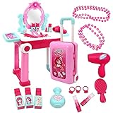 2 in 1 Pretend Play Kids Vanity Table and Chair Beauty Mirror and Accessories Play Set with Trolley Fashion & Makeup Accessories for Girls Travel Suitcase Fashion Beauty Set for Children Little Girls