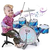 Kids Jazz Drum Set for Toddlers 1-3 with 5 Drums & 3 Lights (Vibrating-Controlled) & 2 Drumsticks & Foot Pedal & Cymal Alloy & Chair, Toddler Baby Drum Set Toys for Aged 2-4