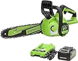 Greenworks 24V 12' Brushless Cordless Compact Chainsaw (Great For Storm Clean-Up, Pruning, and Firewood / 125+ Compatible Tools), 4.0Ah Battery and Charger Included
