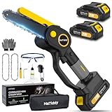 NaTiddy Mini Chainsaw Cordless, 6 Inch Portable Chain Saw with 2 Rechargeable Battery Powered Electric Chainsaw 21V, Handheld Chainsaw for Tree Trimming Branch Wood Cutting (2 Batteries & 2 Chains)