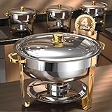 Chafing Dishes for Buffet 4 Pack, 5QT [Worry-Free Assemble] Round Chafing Dish Buffet Set [Elegant Gold and Silver Colors] Stainless Steel Chafers and Buffet Warmers Sets for Parties with Complete Set