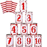 PullCrease 13 Pcs Carnival Can Game Bean Bag Toss Game Carnival Games with 10 Tin Cans and 3 Bean Bag Game Easter Outdoor Games for Family Party Birthday Indoors and Outdoors Activities