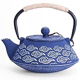 MILVBUSISS Cast Iron Teapot, Japanese Tea Pot with Infuser for Loose Leaf, Tea Kettle Stovetop Safe Coated with Enameled Interior, Clouds Pattern 27oz, 800ml Blue