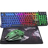 Gaming Keyboard and Mouse Led USB Wired with Emitting Character 3600DPI 2 Side Button USB Mouse Rainbow Backlit Mechanical Feeling Compatible with PC Raspberry Pi Mac Xbox one ps4 with Mousepad