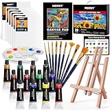 MERRIY Acrylic Paint Set for Kids, Art Painting Supplies Kit with 12 Paints, 10'x 12' Stretched Canvas, Table Easel, Professional Premium Paint Set for Students, Artists and Beginner