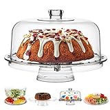 Acrylic Cake Stand with Dome Cover (6 in 1) Multi-Functional Serving Platter and Cake Plate - Use as Cake Holder, Salad Bowl, Platter, Punch Bowl, Desert Platter, Nachos & Salsa Plate