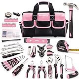REXBETI 219-Piece Pink Tool Set, Ladies Hand Tool Set with 16 inch Tool Bag, Women Home Repairing Tool Kit, Large Mouth Opening Tool Bag with 19 Pockets, Perfect for Home Maintenance and Daily Use