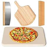 4 PCS Rectangle Pizza Stone Set, 15' Large Pizza Stone for Oven and Grill with Pizza Peel(OAK), Pizza Cutter & 10pcs Cooking Paper for Free, Baking Stone for Pizza, Bread,BBQ