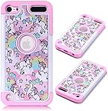 CaseTown Compatible with iPod Touch 6,7th, iPod 7th Case, Rainbow Unicorn Pattern Shockproof Studded Rhinestone Crystal Bling Hybrid Case Silicone Protective Armor for iPod Touch 6 7th Generation