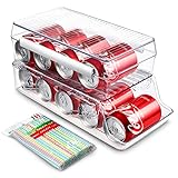 Anpro 2 Pack Soda Can Organizer for Refrigerator, 2-layer Stackable Beverage Dispenser with Lid, Automatic Rolling Beer Soda Can Holder for Fridge, Pantry, Includes 200 Straws and 4 Slot Strip